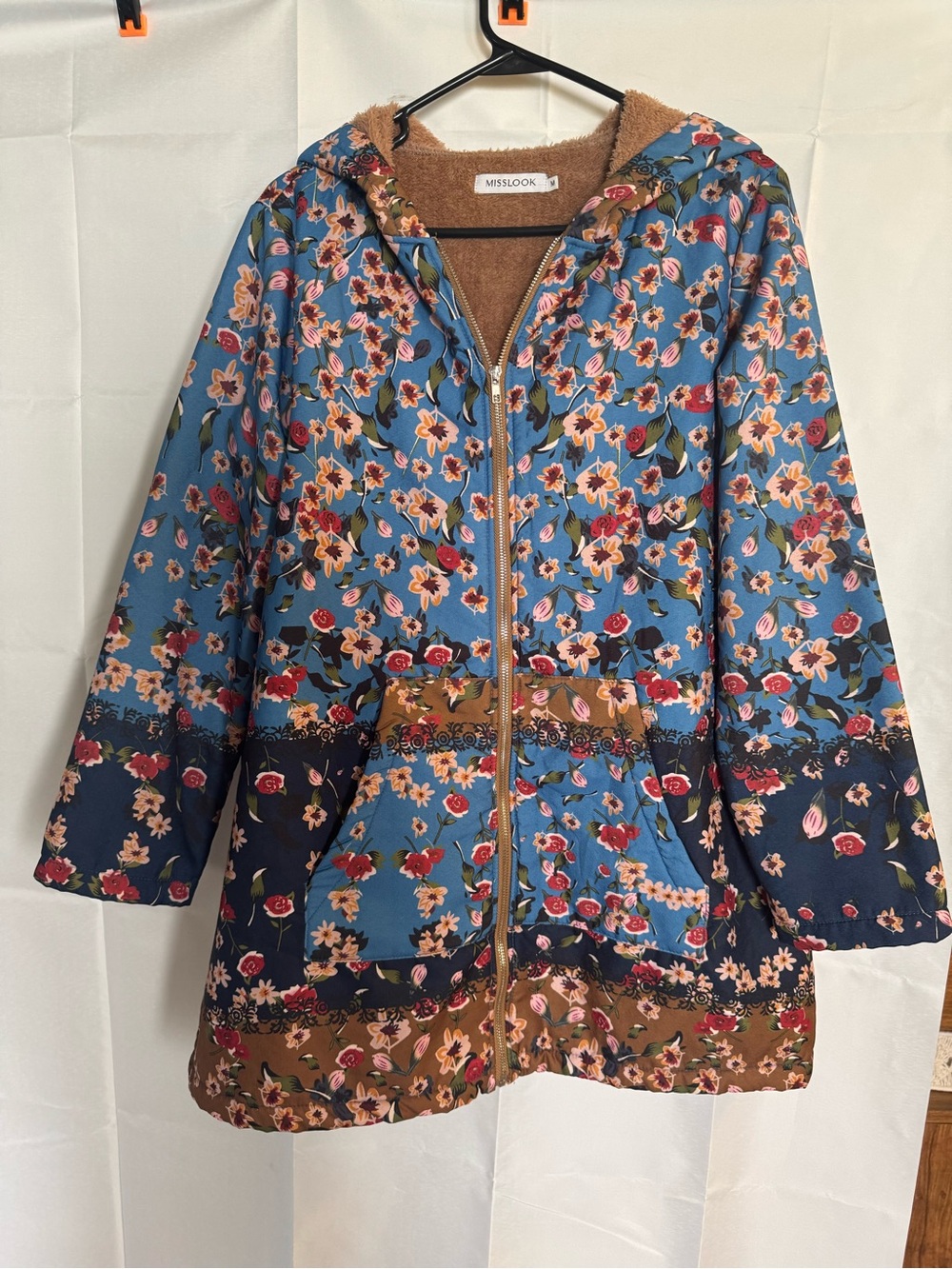 MISSLOOK Floral Hooded Puffer Jacket in Blue and Brown